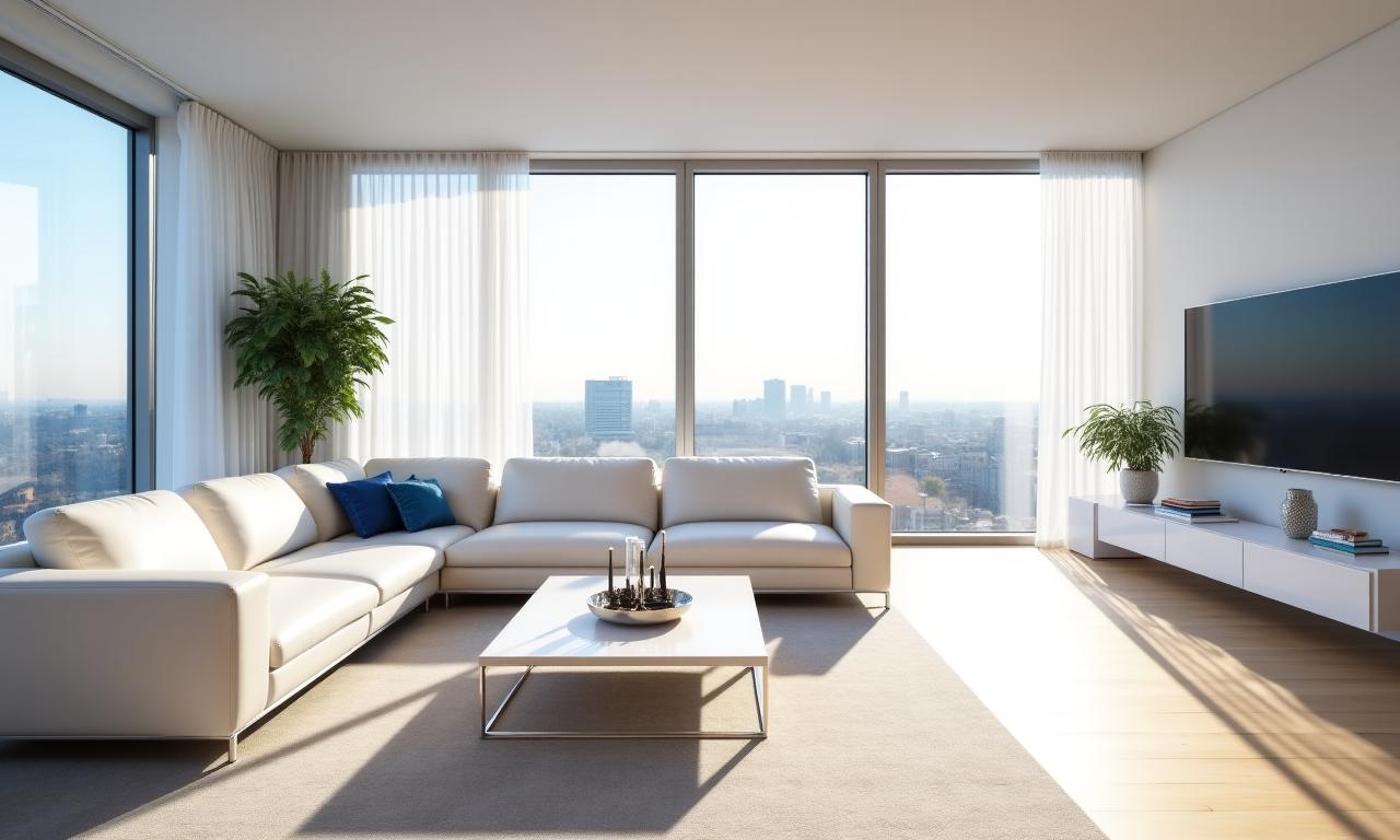 Perfekcyjnie wysprzątany i jasny salon w warszawskim apartamencie