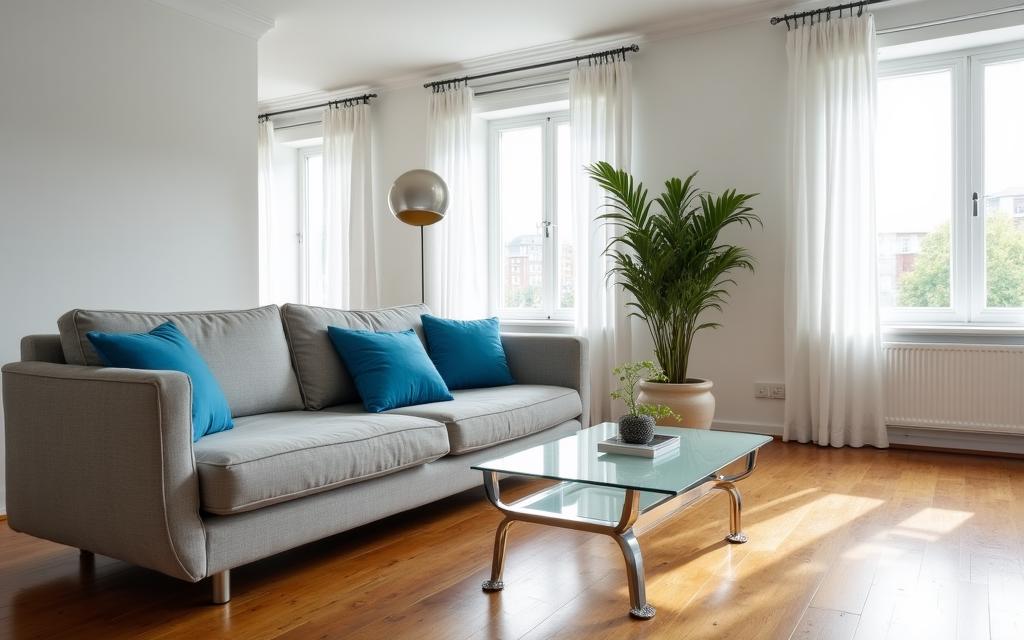 Lśniący, nowocześnie urządzony salon po profesjonalnym sprzątaniu